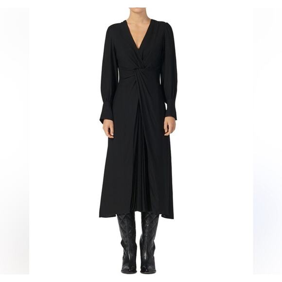 Sandro Paris LBD Black Long Sleeve Wrap Pleated Maxi Dress Luxury Minimalist - Picture 3 of 14